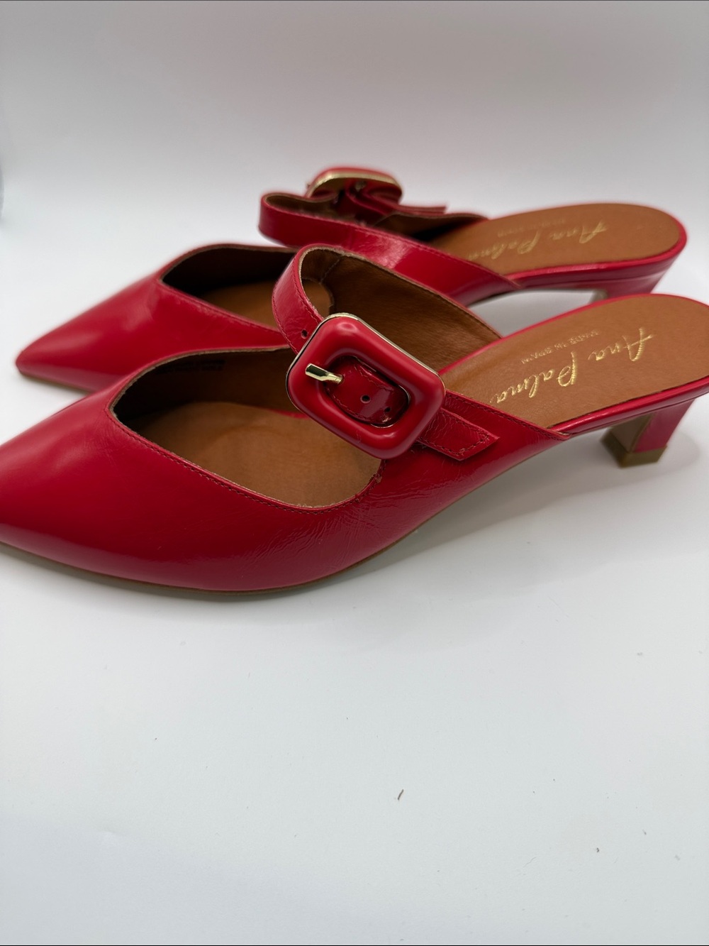 Pointed Red Leather Buckle Mules Ana Paloma - Picture 3 of 7
